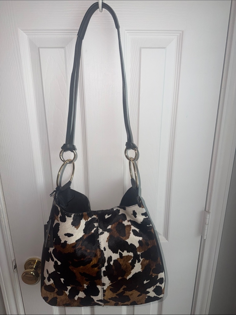 Cowhind Print Shoulder Hobo Bag with Black Strap